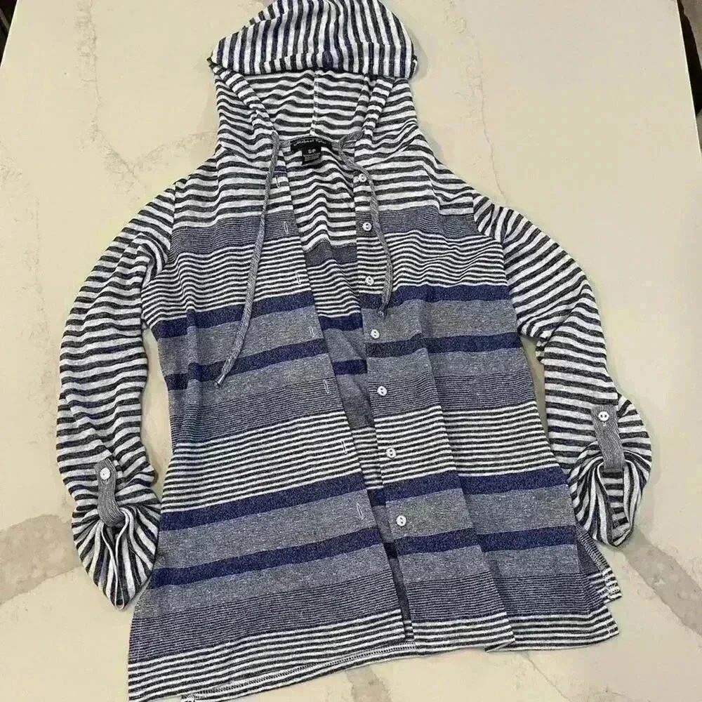 Michael Tyler Blue and White Striped Hooded Cardigan 3/4 Sleeve Women’s Small